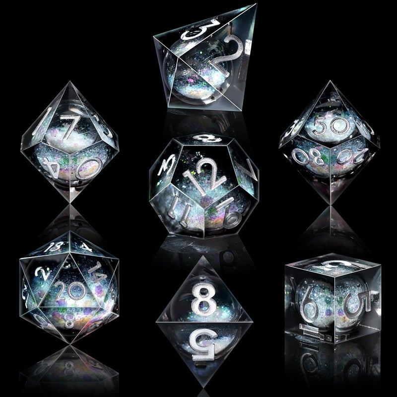 AUSTOR Liquid Core DND Dice Set, 7-Die Sharp Edge Polyhedral Dice Quicksand Handmade Resin Dices for Dungeons and Dragons RPG MTG Table Games, Black, Silver - Image 3